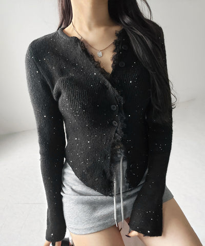 レースドッキングスパングルキーネックニットカーディガン / lace docking spangle key neck knit cardigan