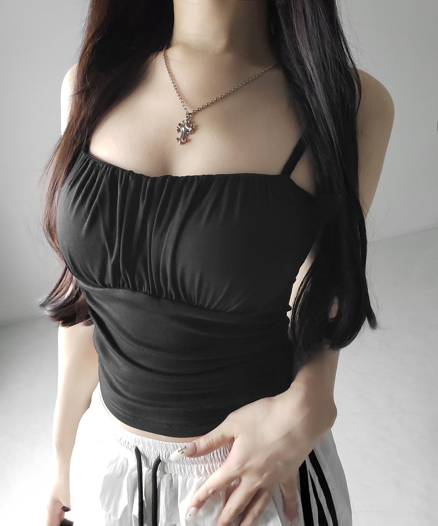 【 3color / カップ付き 】シャーリングギャザードレープキャミソール /shirring gather drape camisole