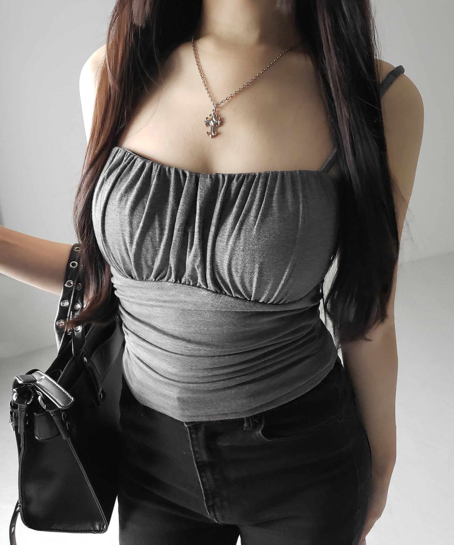 【 3color / カップ付き 】シャーリングギャザードレープキャミソール /shirring gather drape camisole