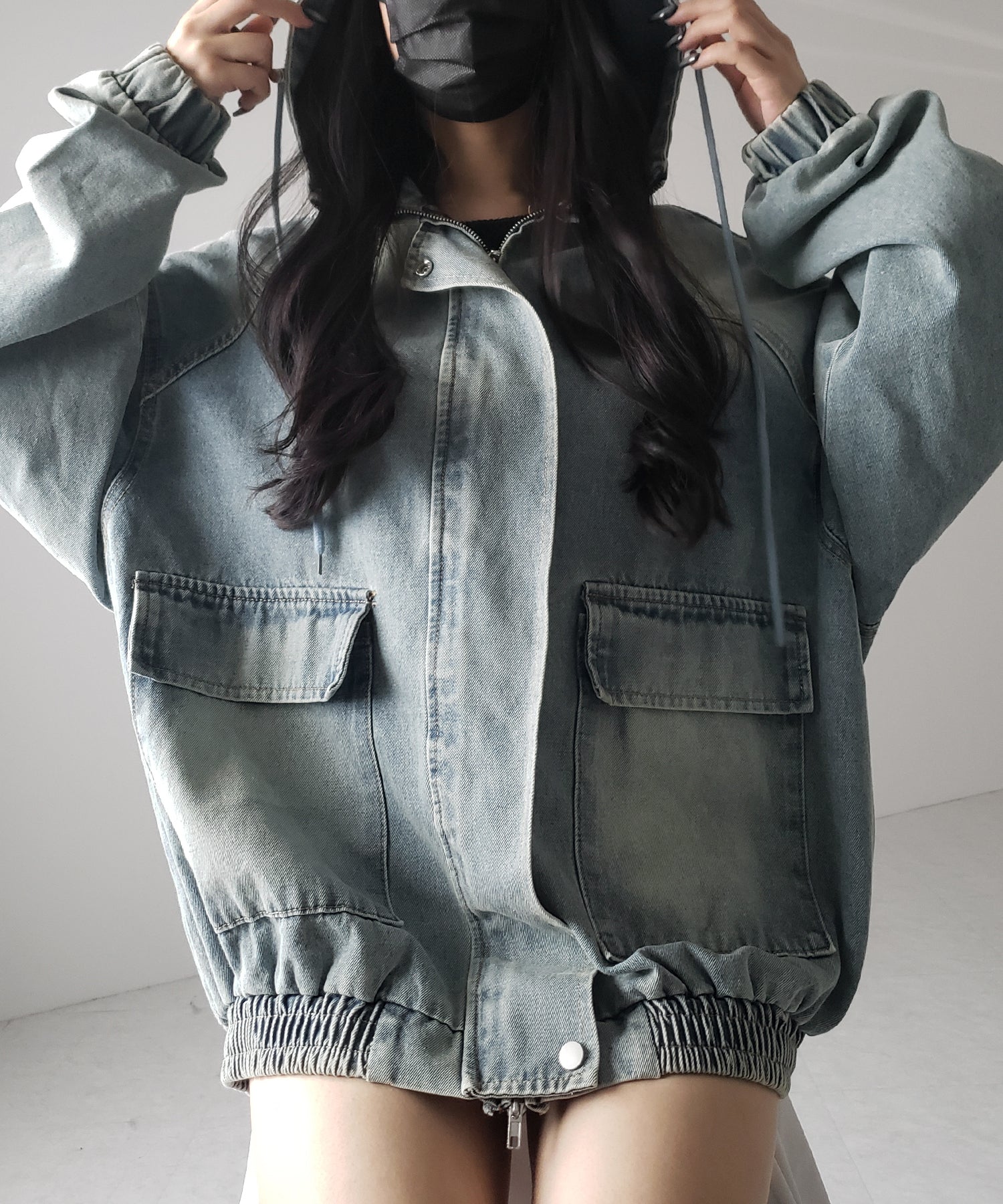 【 2color 】ヴィンテージデニムダブルジップフードブルゾン / vintage denim double zip hoodie blouson