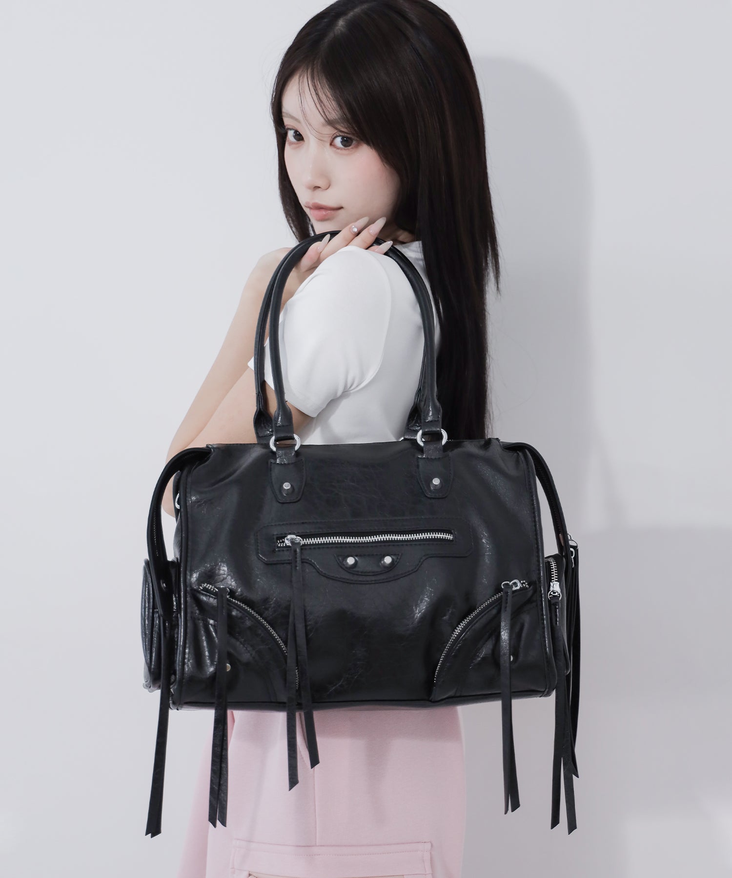 【 ショルダーストラップ付き2WAY 】アウトポケットヴィンテージダブルジップボストンショルダーバッグ /out pocket vintage double zip boston shoulder bag