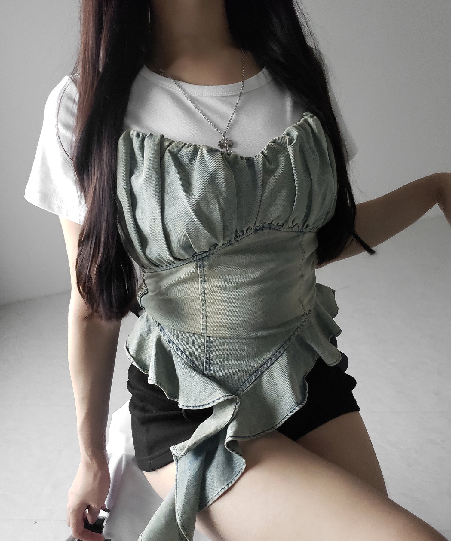 【 2点セット 】ヴィンテージデニムビスチェ & 半袖レイヤードTシャツセット / vintage denim bustier & short sleeve layered T-shirts set