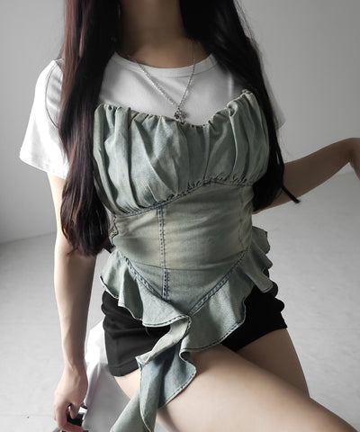 【 2点セット 】ヴィンテージデニムビスチェ & 半袖レイヤードTシャツセット / vintage denim bustier & short sleeve layered T-shirts set