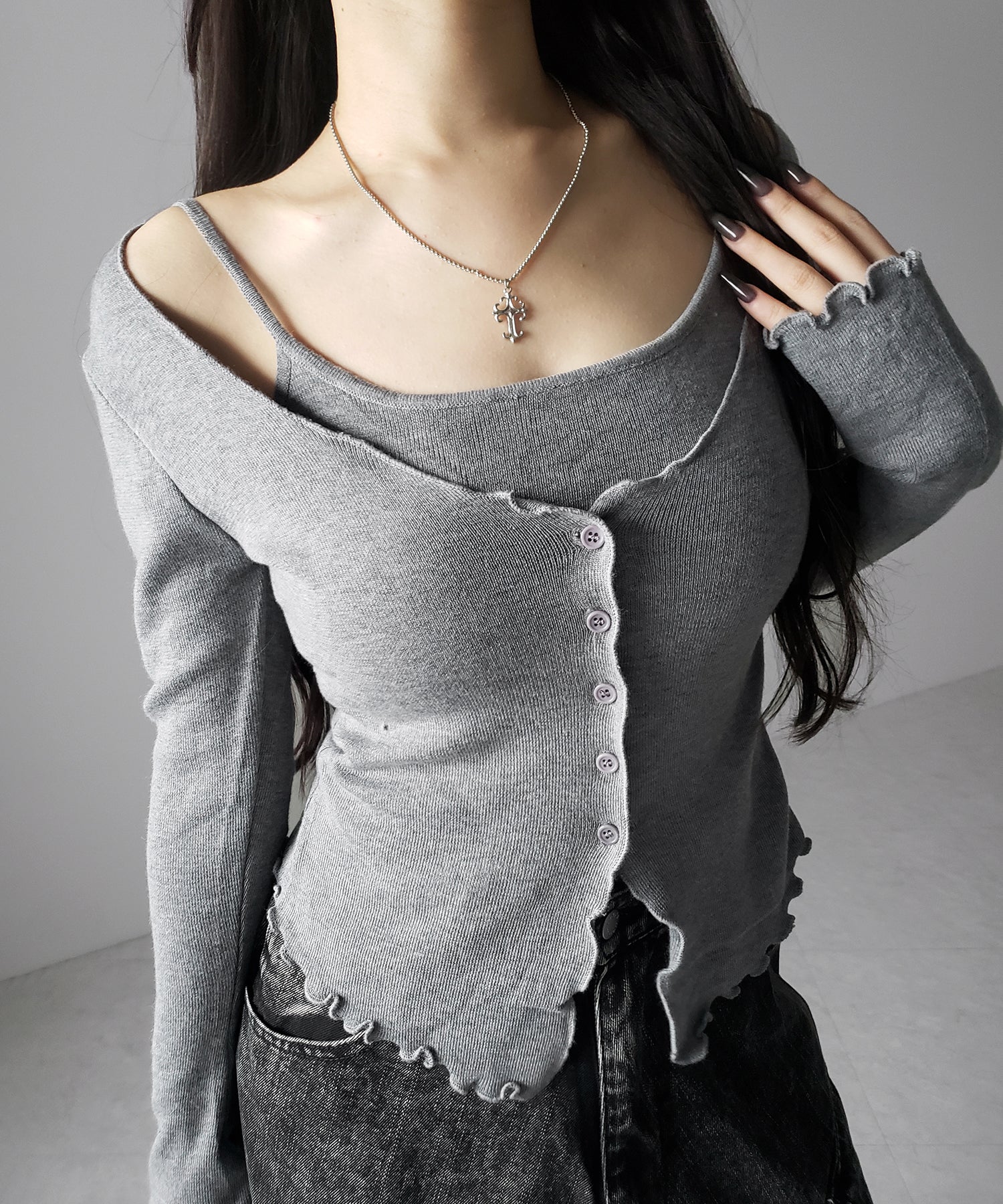 レイヤード風メロースリムニットカーディガン / layered mellow slim knit cardigan