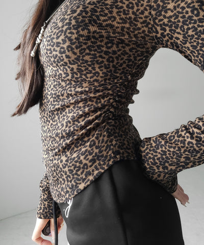 レオパードワンショルシャーリングリブカットソートップス / leopard one shoulder shirring rib cutsew tops
