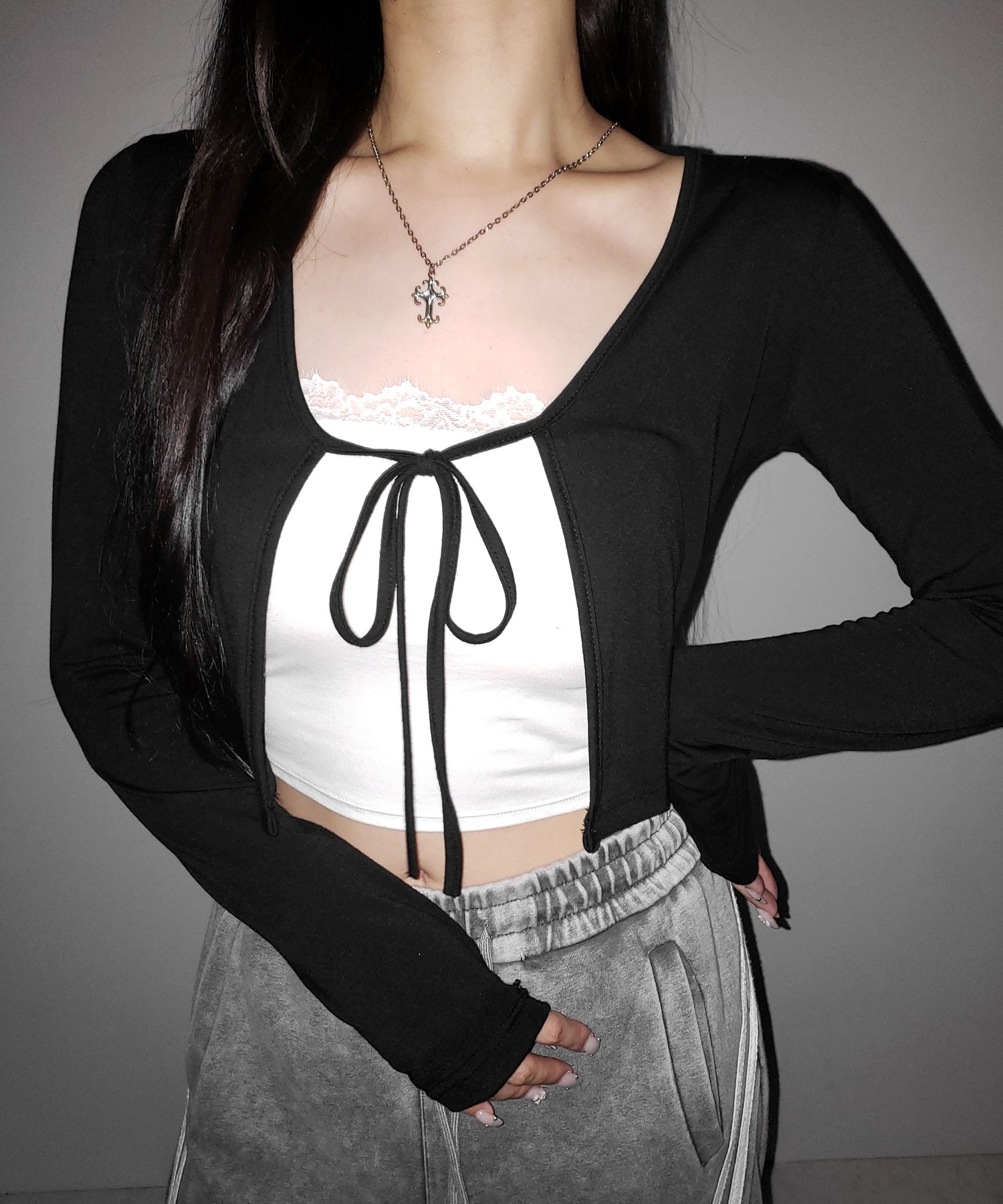 【 2color 】フロントリボンカットソーショートカーディガン / front ribbon cutsew short cardigan