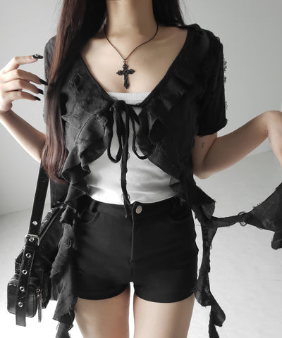 ダメージフリル半袖ショートリボンカーディガン / damage frill short sleeve short ribbon cardigan