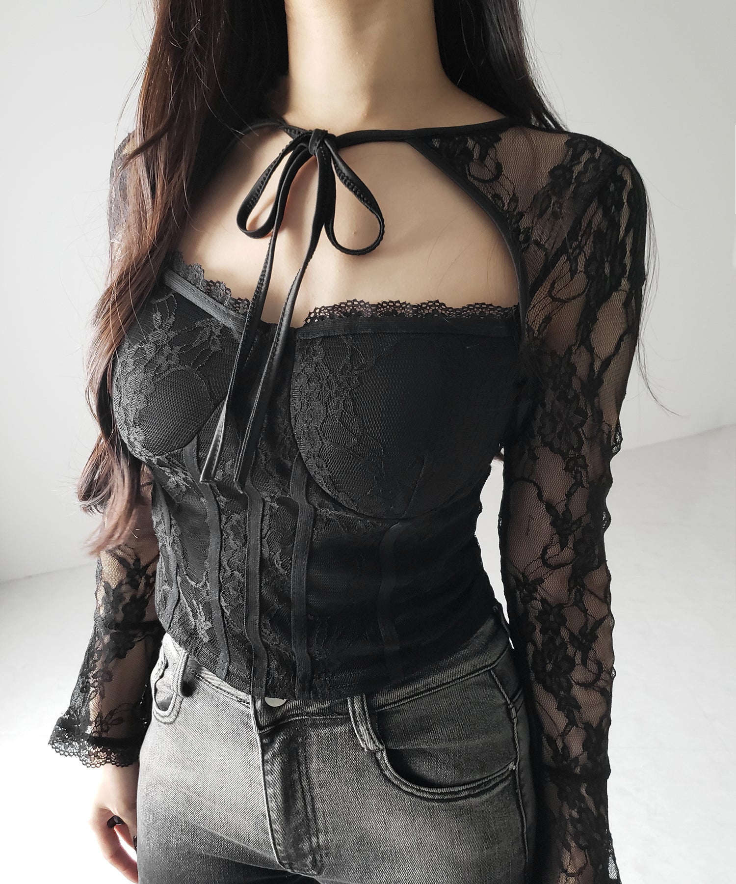 【 2color 】チョーカーネックリボンコルセットレーストップス / choker neck ribbon corset lace tops