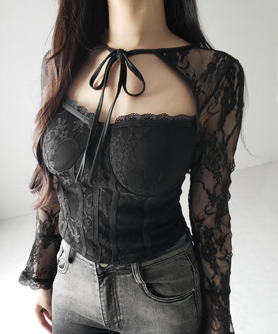 チョーカーネックリボンコルセットレーストップス / choker neck ribbon corset lace tops