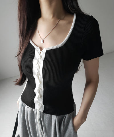 半袖レースアップスリムニットトップス / short-sleeve lace up slim knit tops