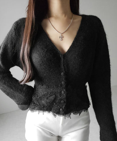レースドッキングモヘアライクニットカーディガン / Lace docking mohair-like knit cardigan