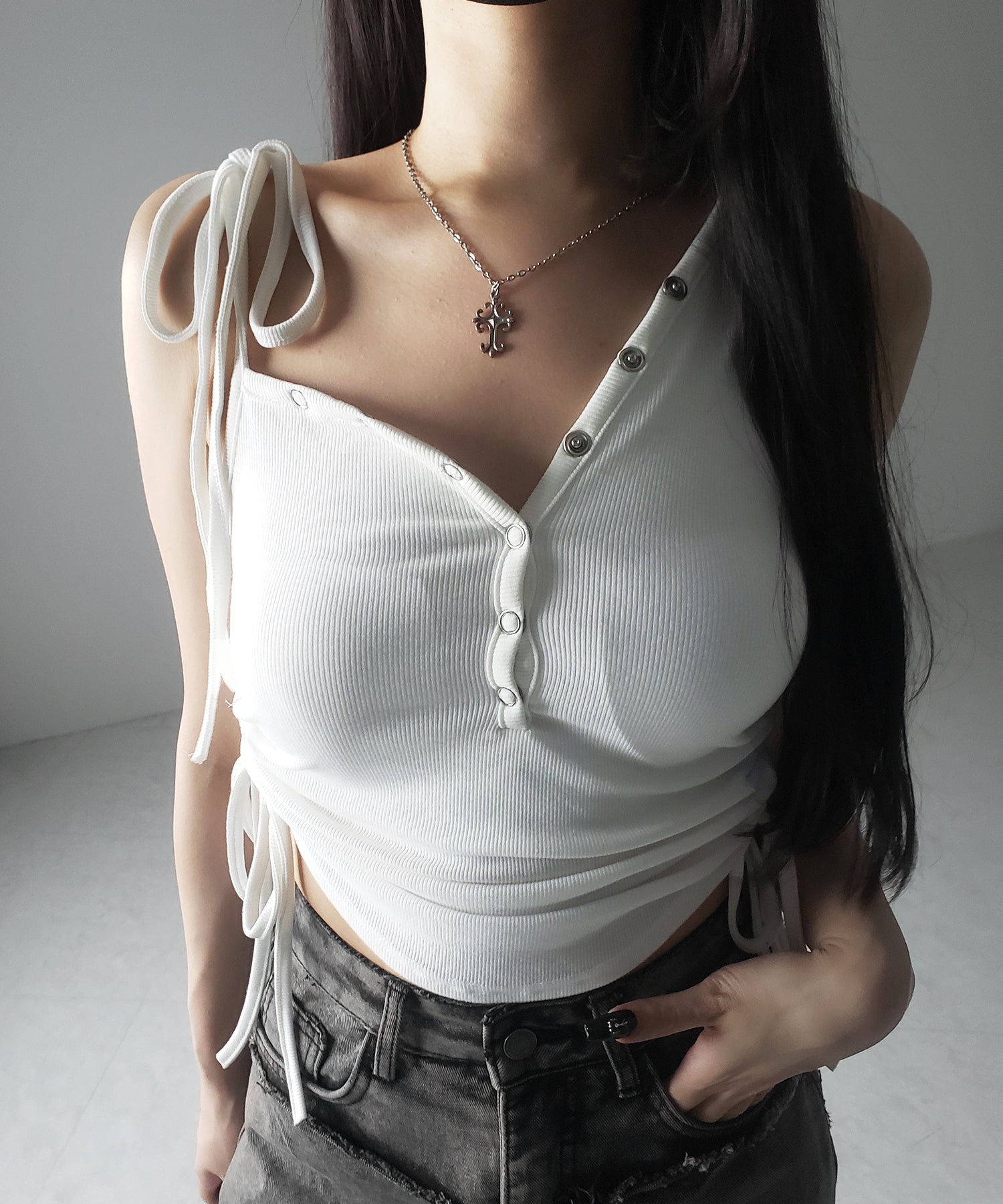 ショルダーリボンシャーリングキャミタンクトップ/ shoulder ribbon shirring cami tank top