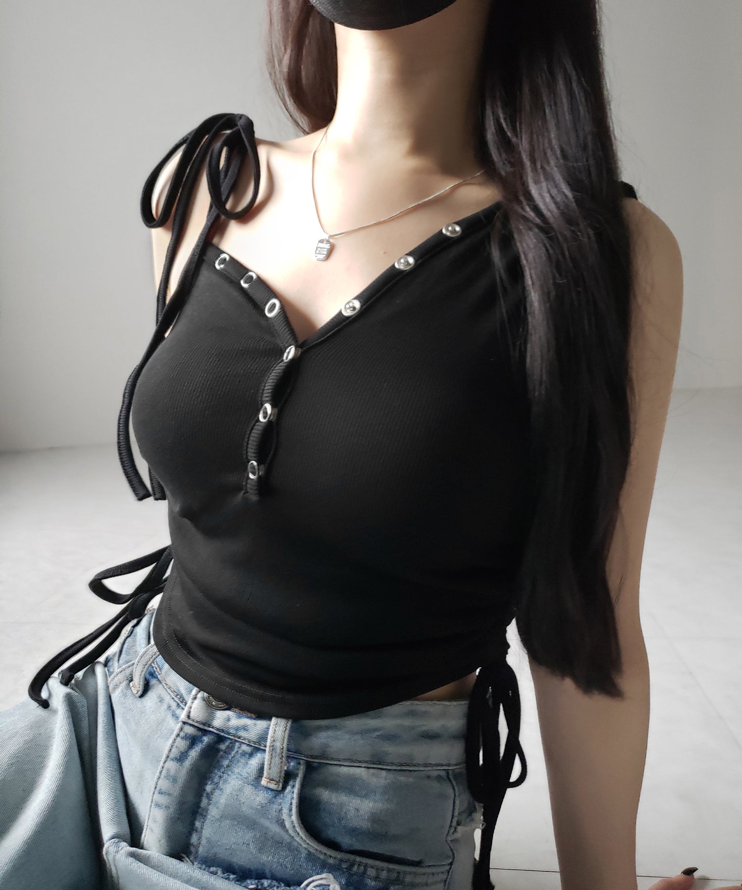 ショルダーリボンシャーリングキャミタンクトップ/ shoulder ribbon shirring cami tank top