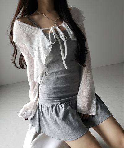 【 2点セット 】フレアキャミワンピ &シアーフリルリボンカーディガン ワンホンセットアップ / flare camisole onepiece & sheer frill ribbon cardigan wanghong SETUP