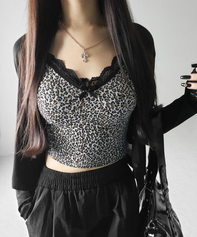 【 2点セット 】ドッキングレースレオパードキャミソール + カーディガン SET / docking lace leopard camisole + cardigan SET