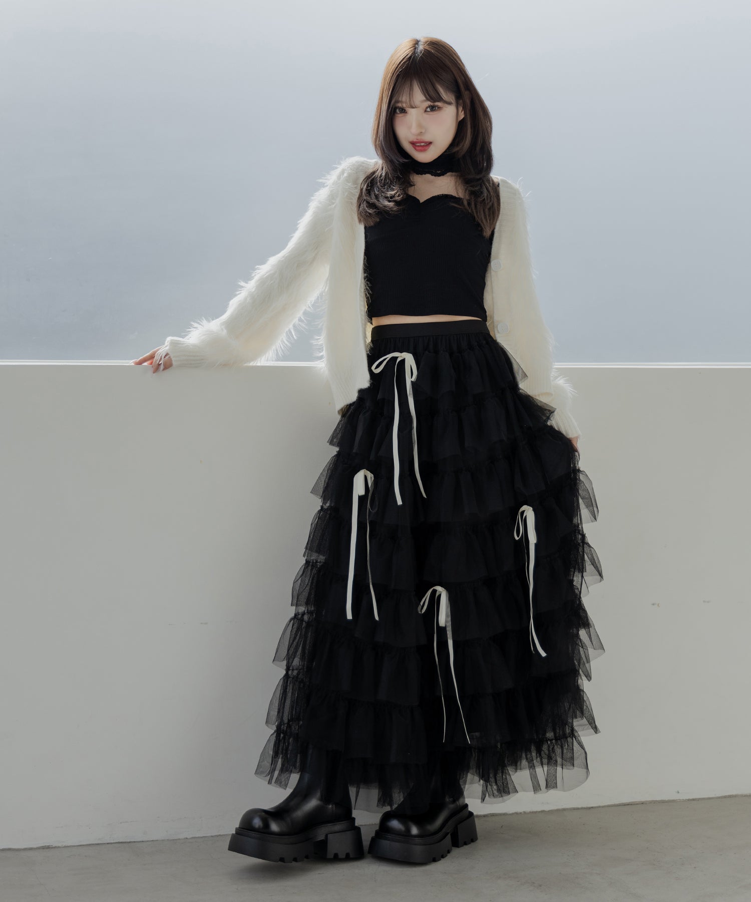 【 4color 】ストラップリボンバレエコアチュールスカート /strap ribbon ballet core tulle skirt