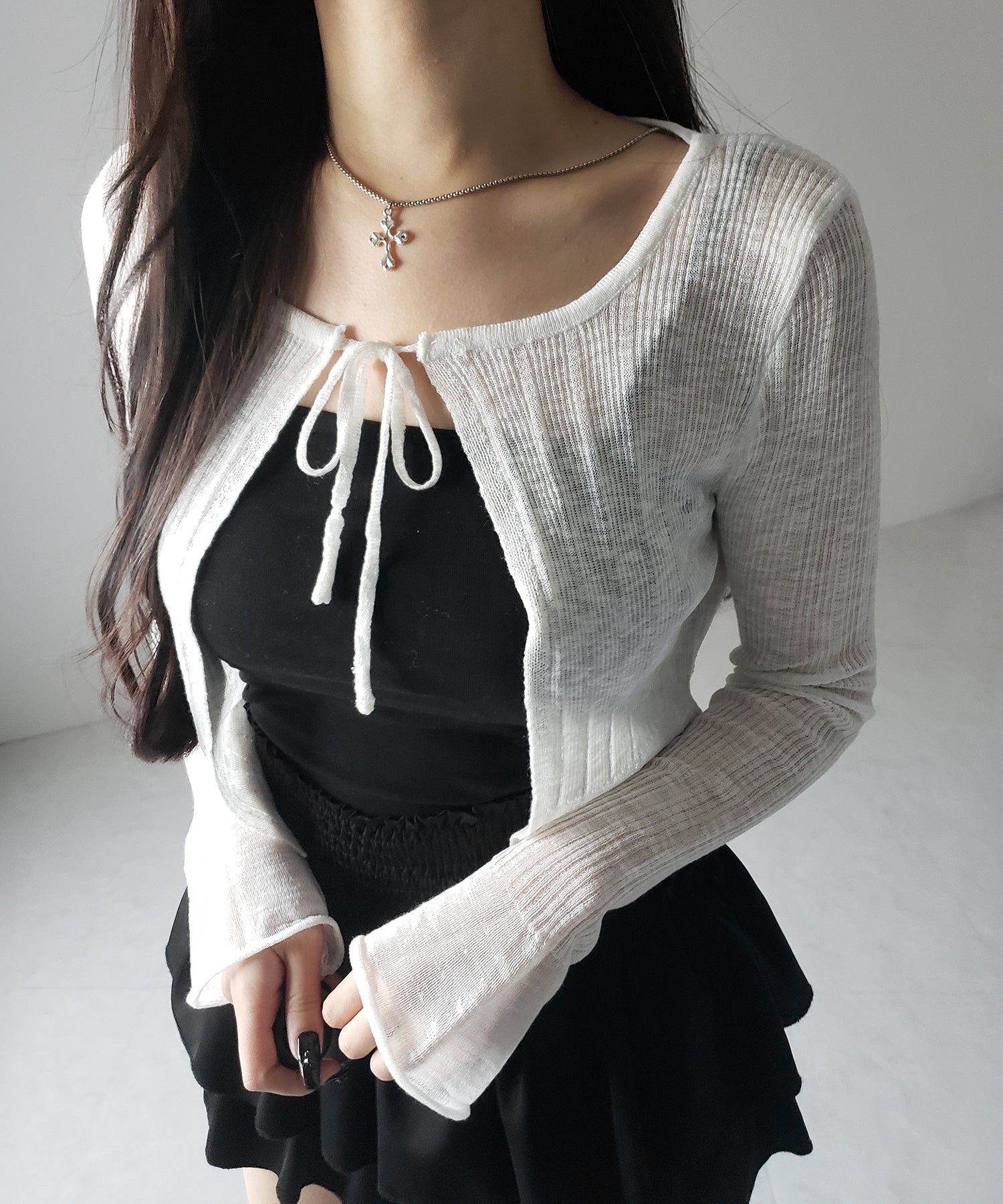 【 2color 】フロントリボンシアーニットショートカーディガン / front ribbon sheer knit short cardigan