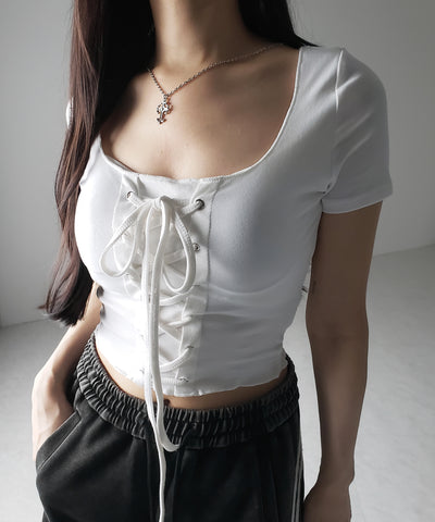 レースアップフロントリボン半袖ショートTシャツ / lace up front ribbon short sleeve short slim T-shirt