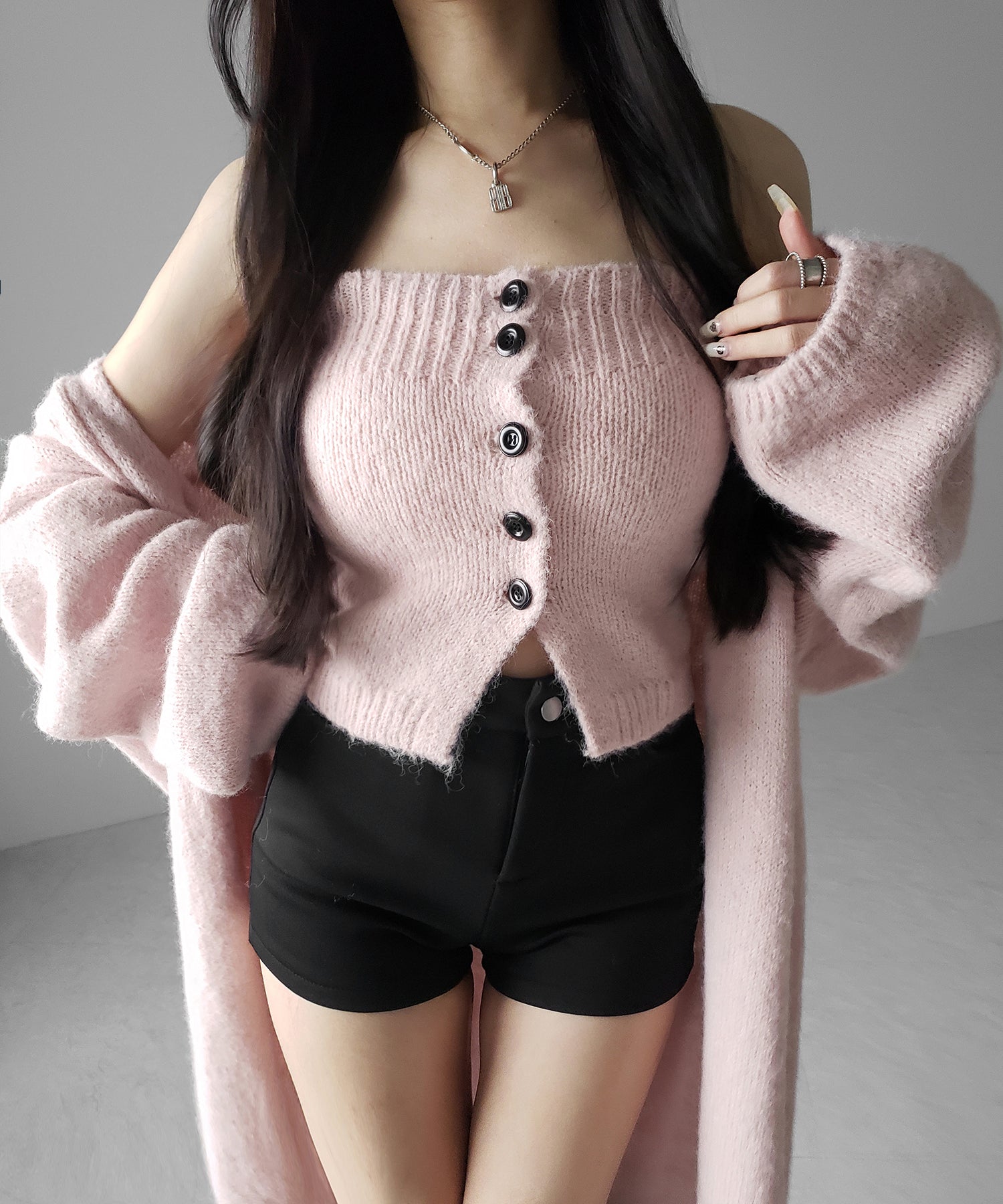 【 新色追加 /2点セット 】ニットボタンビスチェ +ロングカーディガンセット / knit button bustier + long cardigan set