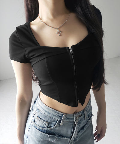 ダブルジップコルセットスクエアネックTシャツ / double zip corset square neck T-Shirt