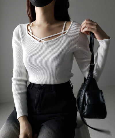 クロスラインストラップデザインリブニット