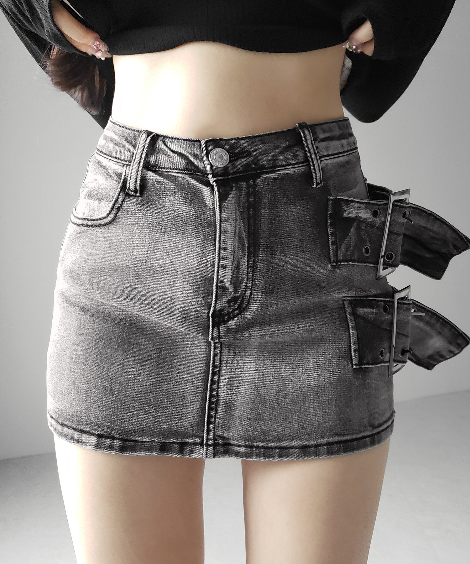 【 インパン裏地付 】ダブルハトメベルトヴィンテージデニムミニスカート / Double eyelet belt vintage denim mini skirt