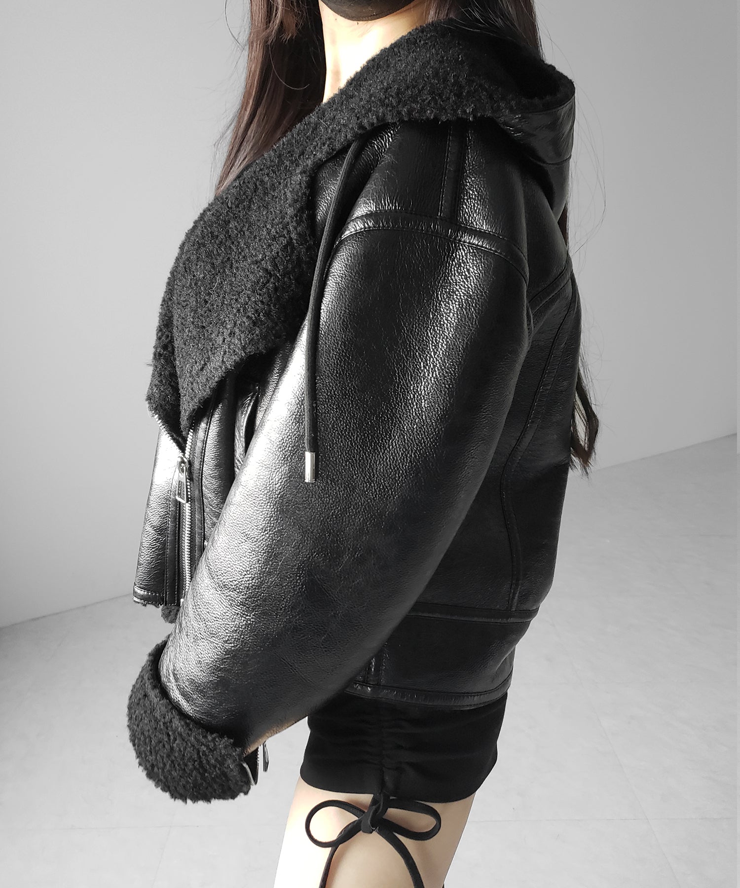 ヴィンテージレザーフーディボアムートンジャケット / vintage leather hoodie boa mouton jacket