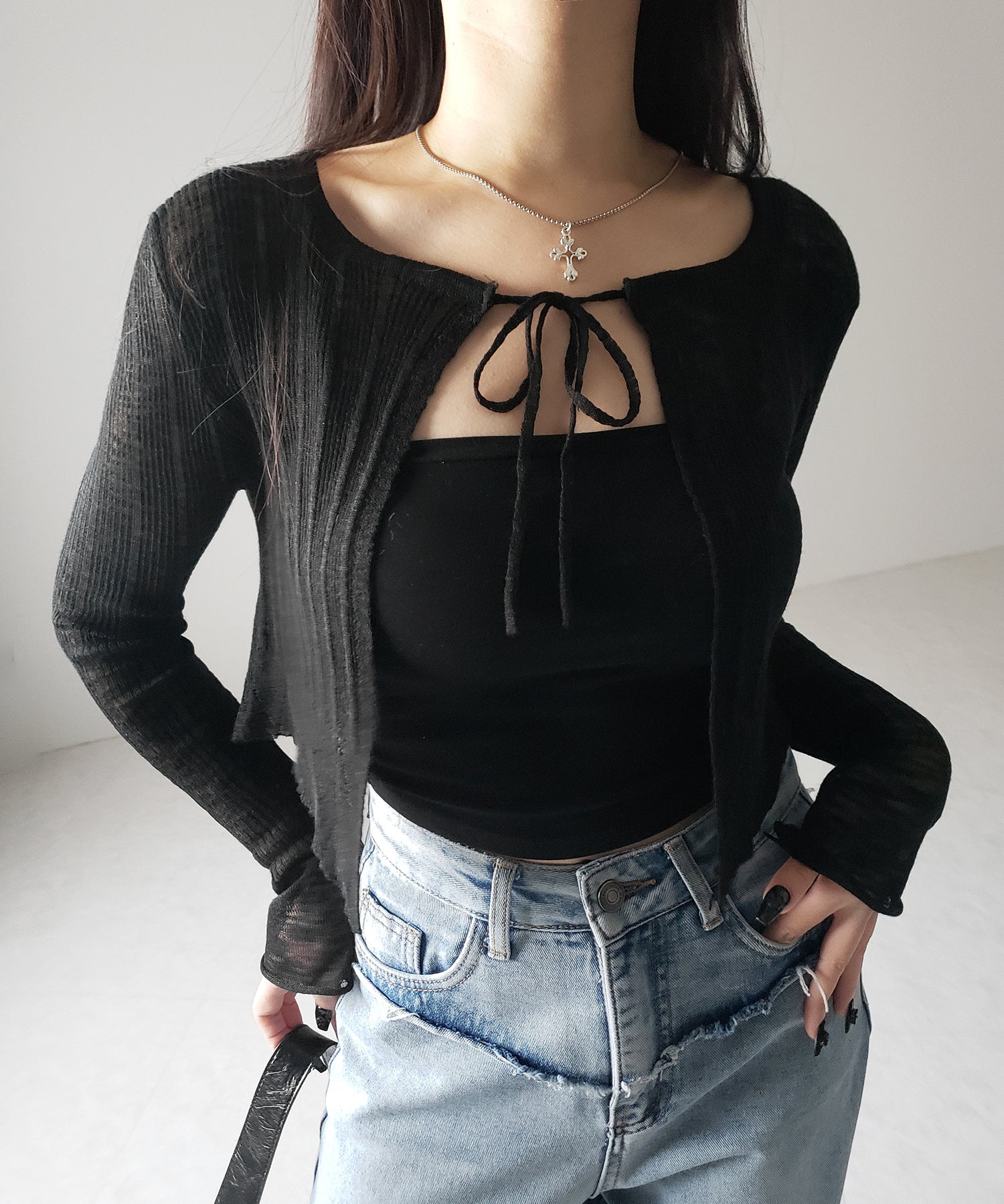 【 2color 】フロントリボンシアーニットショートカーディガン / front ribbon sheer knit short cardigan