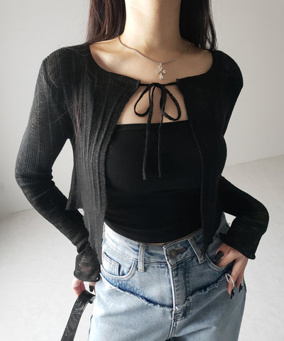 フロントリボンシアーニットショートカーディガン / front ribbon sheer knit short cardigan