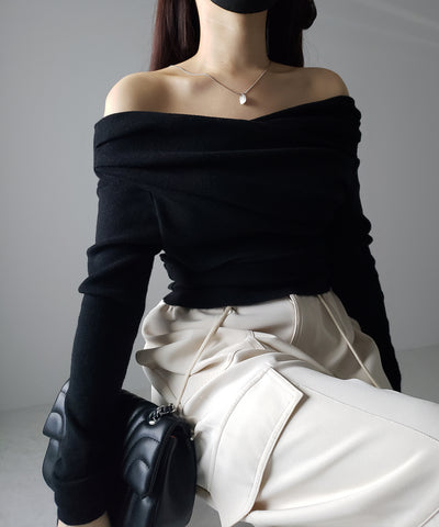 タックデザインドレープオフショルダーリブニット