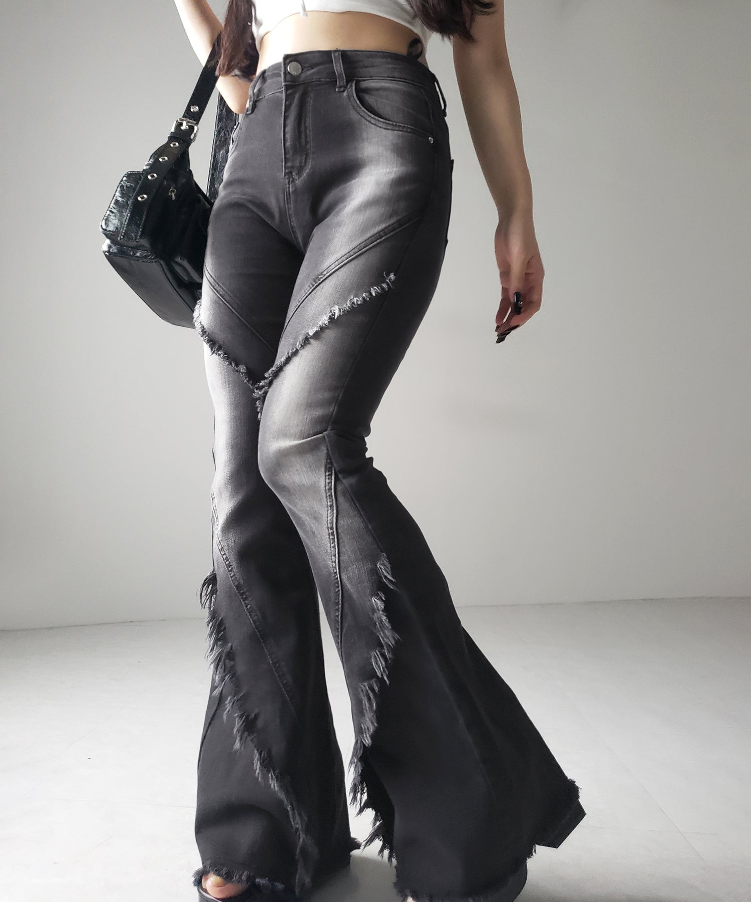 【 2color / 4size 】フリンジデザインヴィンテージライクストレッチフレアデニム / fringe design vintage-like stretch flare denim