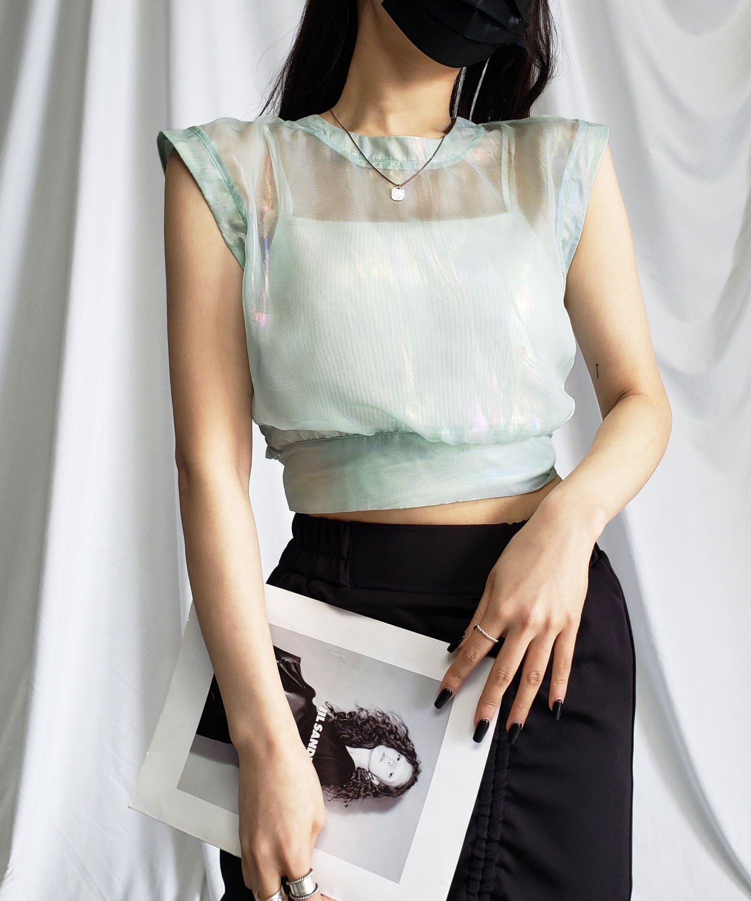 【 3color 】オーロラグロスオーガンジーバックリボンショートブラウス / Aurora gloss organdy back ribbon short Blouse