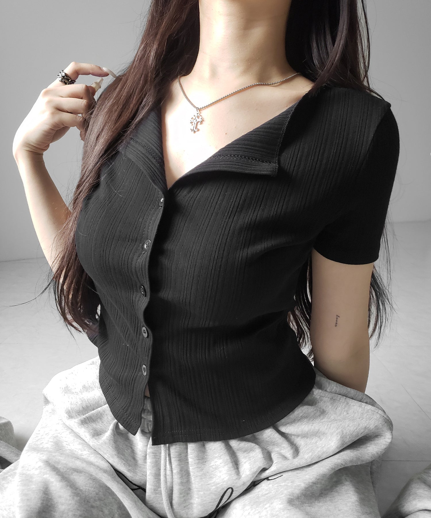 フロントボタン半袖リブカーデトップス / front button short sleeve lib cardigan tops