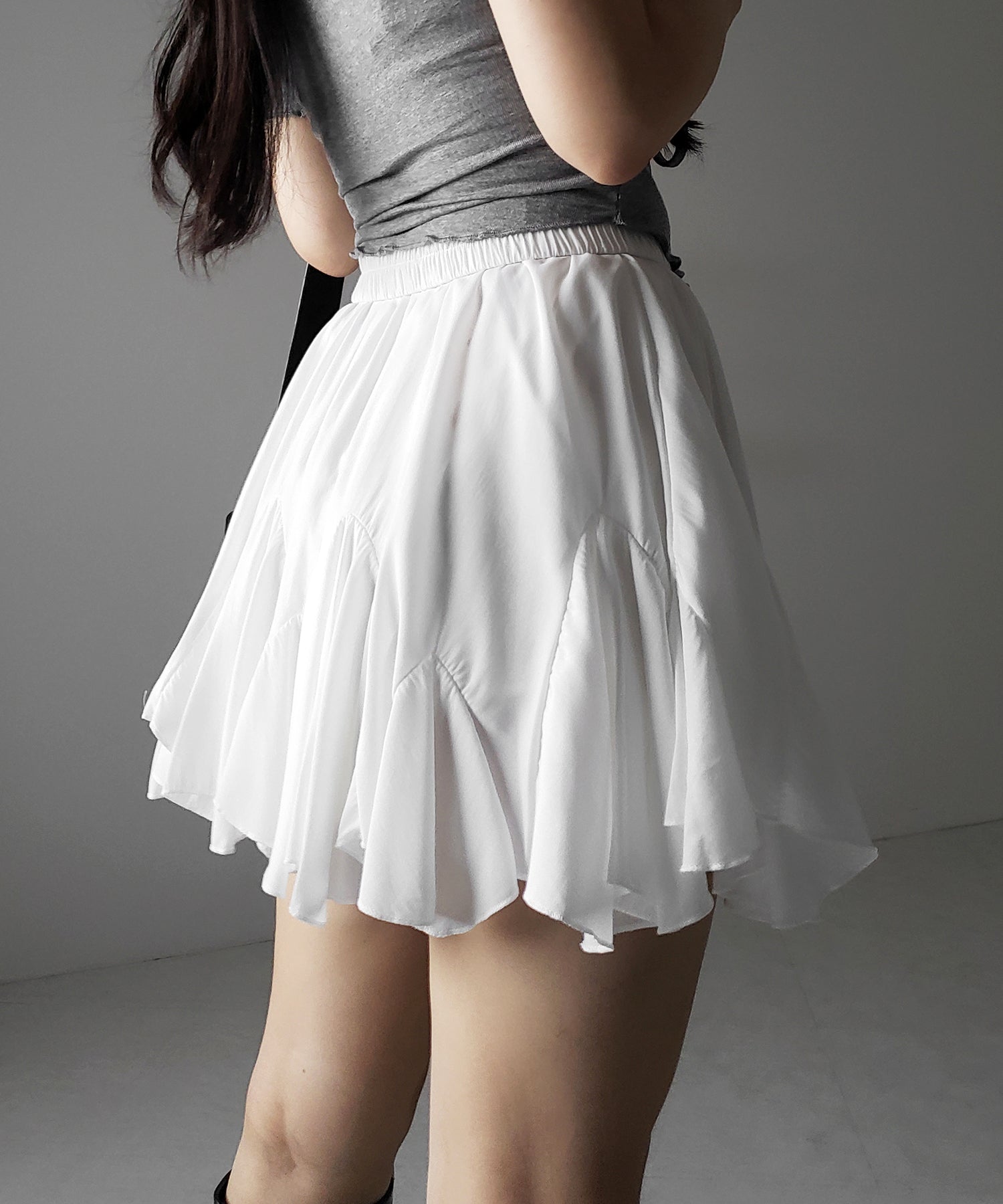 【 2color /インパン裏地付き 】ハイウエストドレープフレアミニスカート / high waist draped flare mini skirt