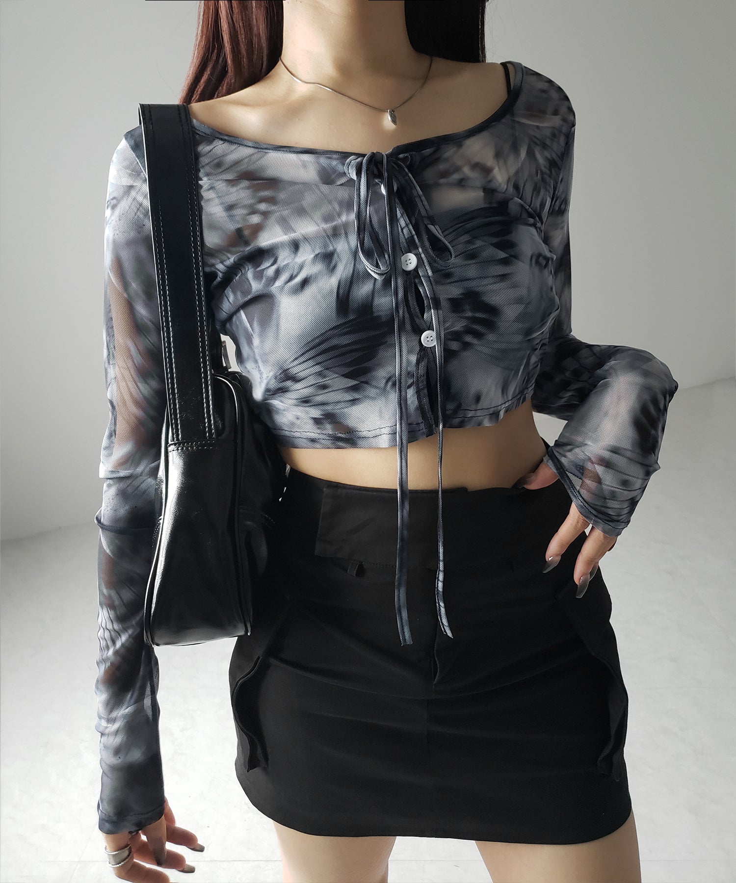 【 3color / 2WAY 】クロスストラップリボンシアーショートカーディガン / cross strap ribbon sheer short cardigan