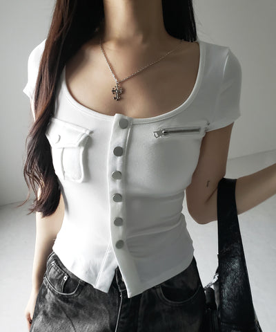アウトポケットスクエアネックスリムTシャツ /Out pocket square neck slim T-shirt