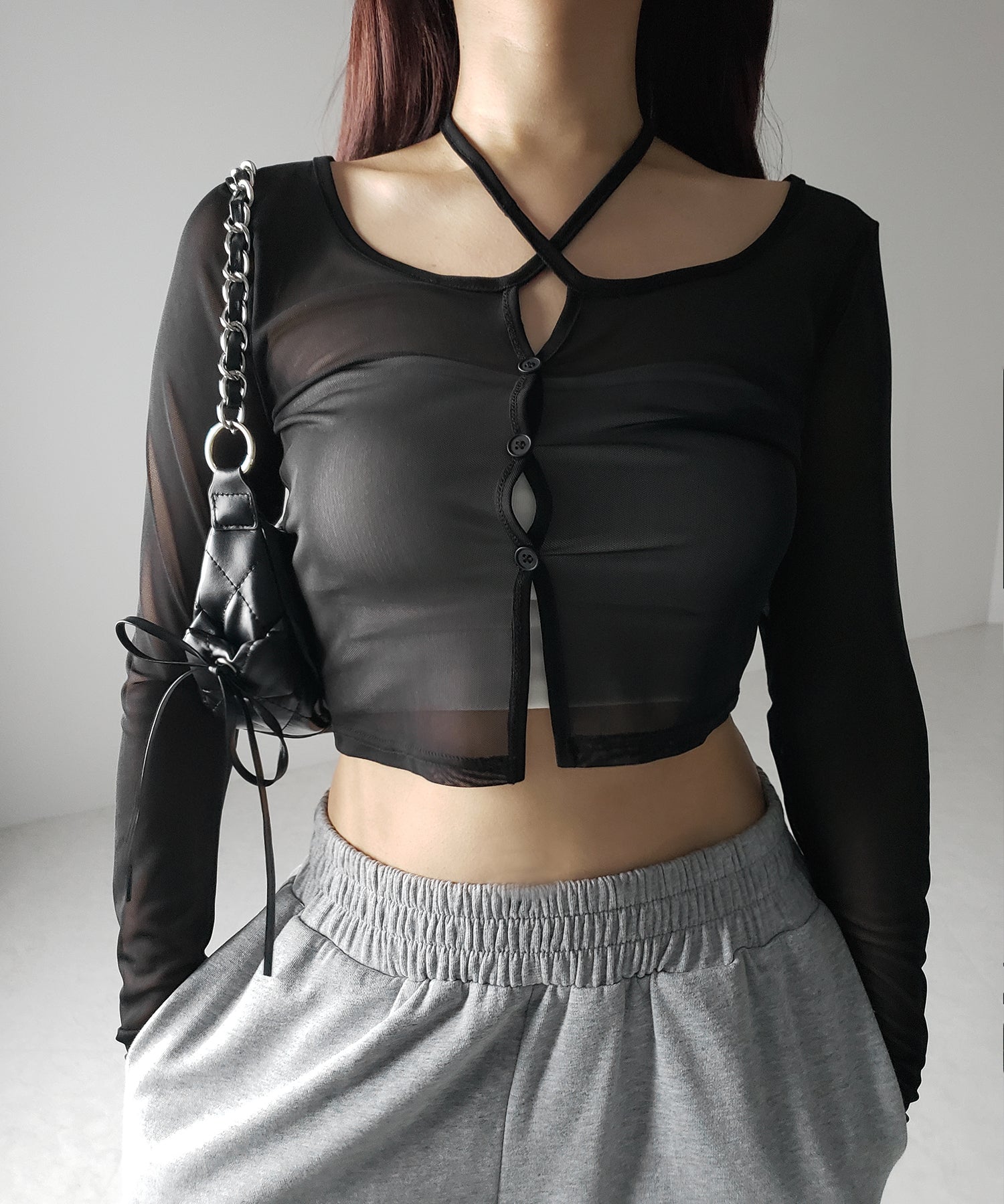 【 3color / 2WAY 】クロスストラップリボンシアーショートカーディガン / cross strap ribbon sheer short cardigan