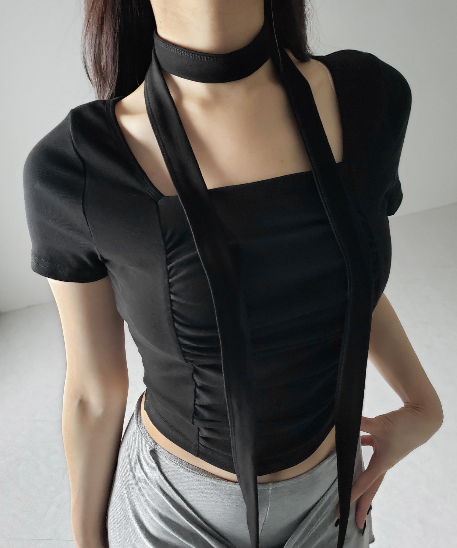 【 2WAY 】チョーカーロングタイ付き スクエアネックギャザースリムTシャツ / choker long tie SET square neck gather slim sleeve T-shirt