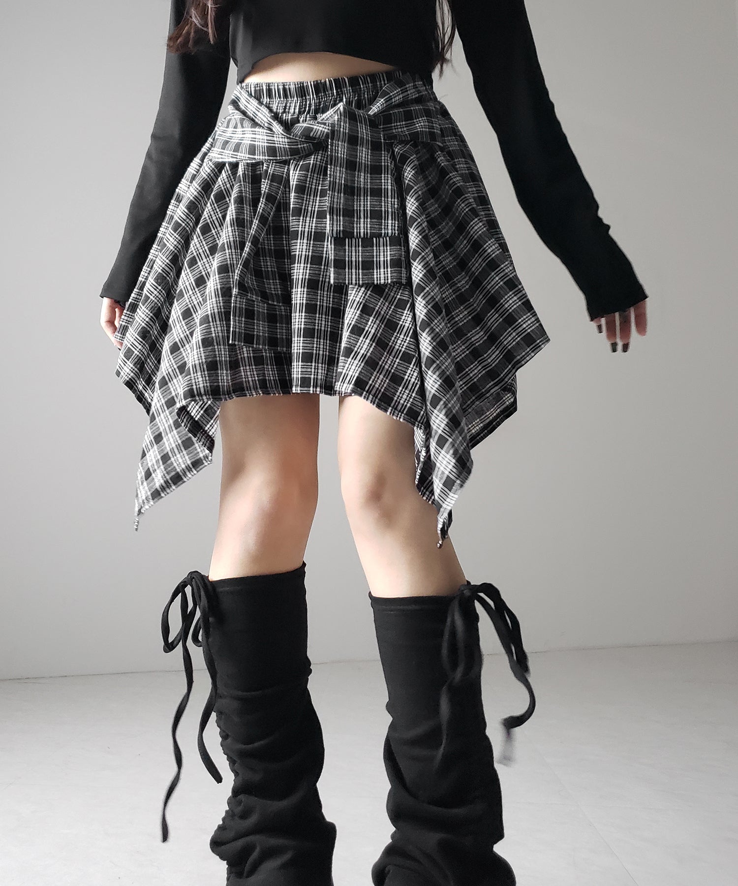 【 選べる2素材/インナーパンツ裏地付 】シャツレイヤードチェックミニスカート / shirt layered check mini skirt