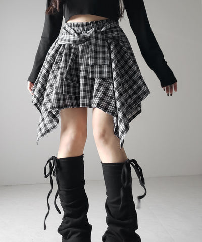 【 選べる2素材/インナーパンツ裏地付 】シャツレイヤードチェックミニスカート / shirt layered check mini skirt
