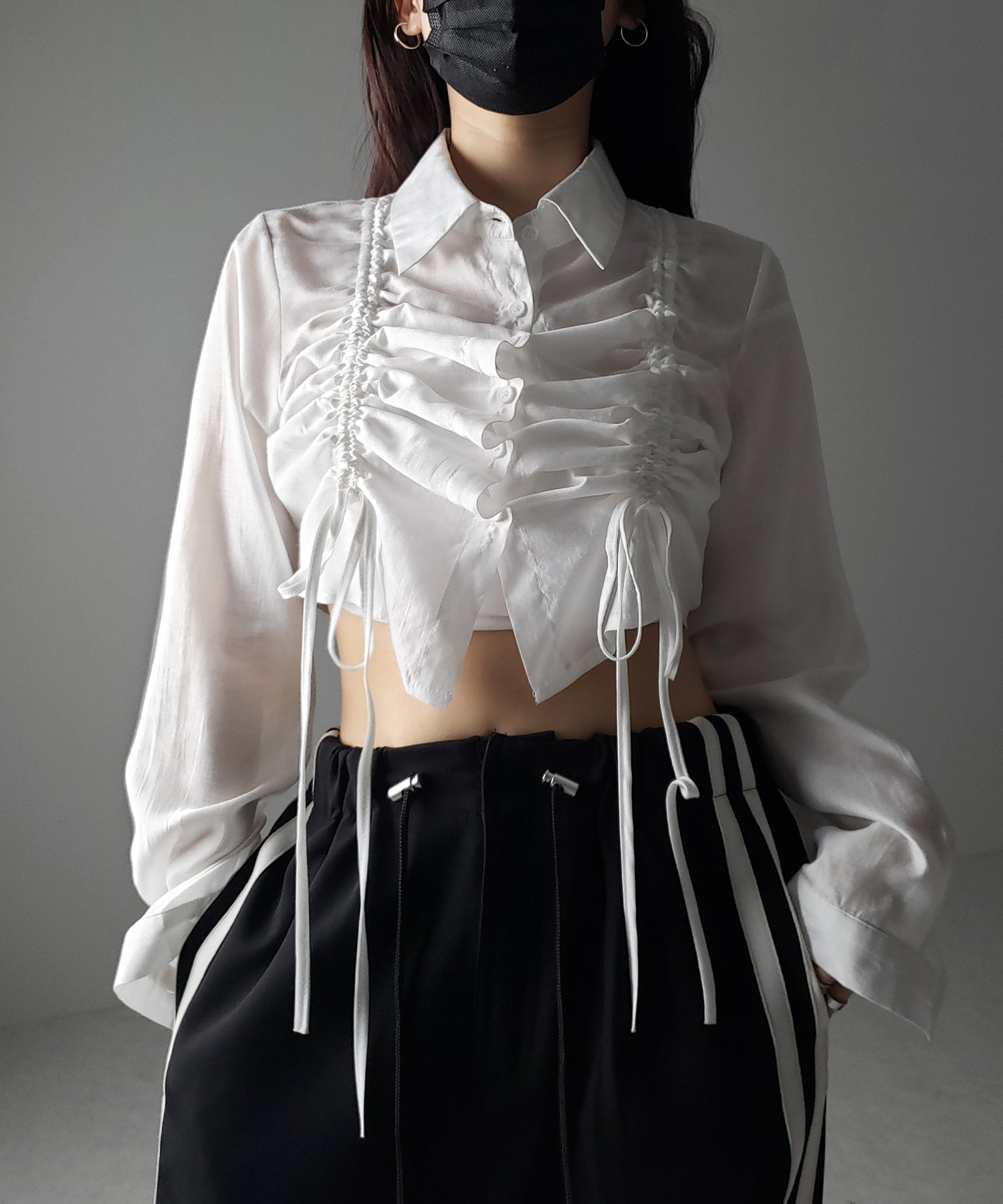 【 3color 】ダブルリボンシャーリングショートシアーシャツ / double shirring ribbon short sheer shirts
