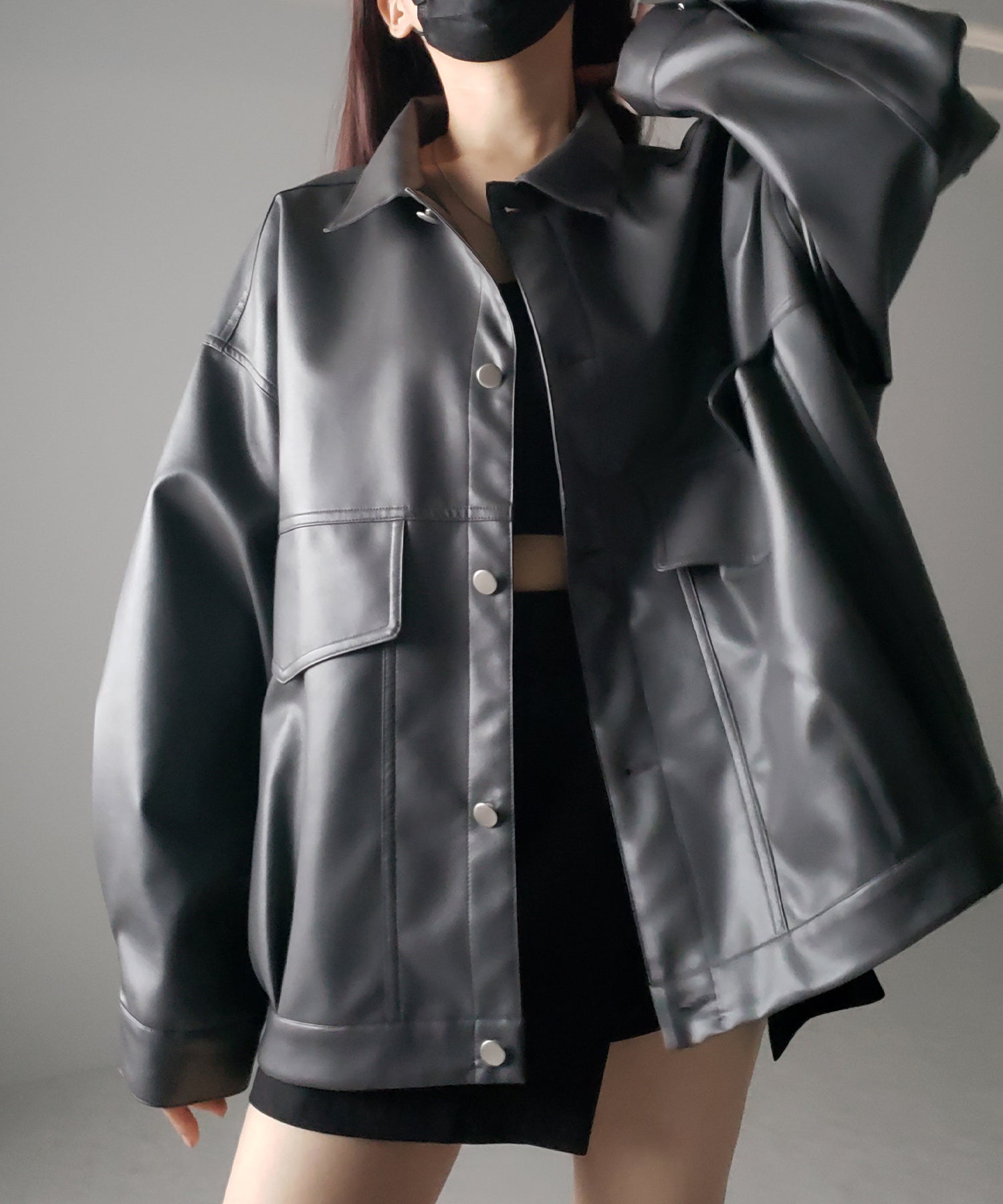 【 裾絞り可能2WAY 】ビッグシルエットボーイフレンドレザージャケット