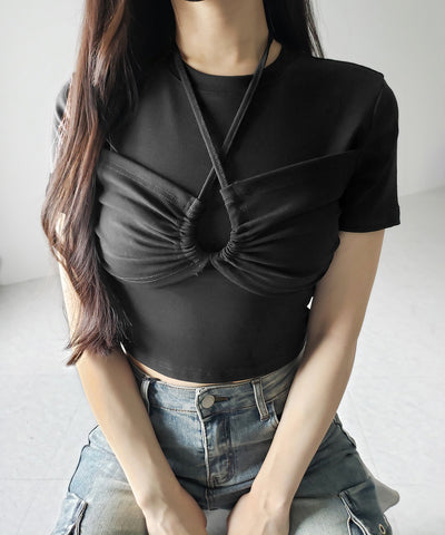 クロスネックレイヤードシャーリングTシャツ / cross neck layered shirring T-shirt