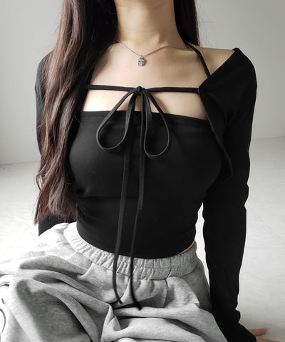 【 2点セット 】フロントリボン長袖ショートカーディガン+ ホルターキャミソール SET / front ribbon longsleeve short cardigan + halter camisole SET