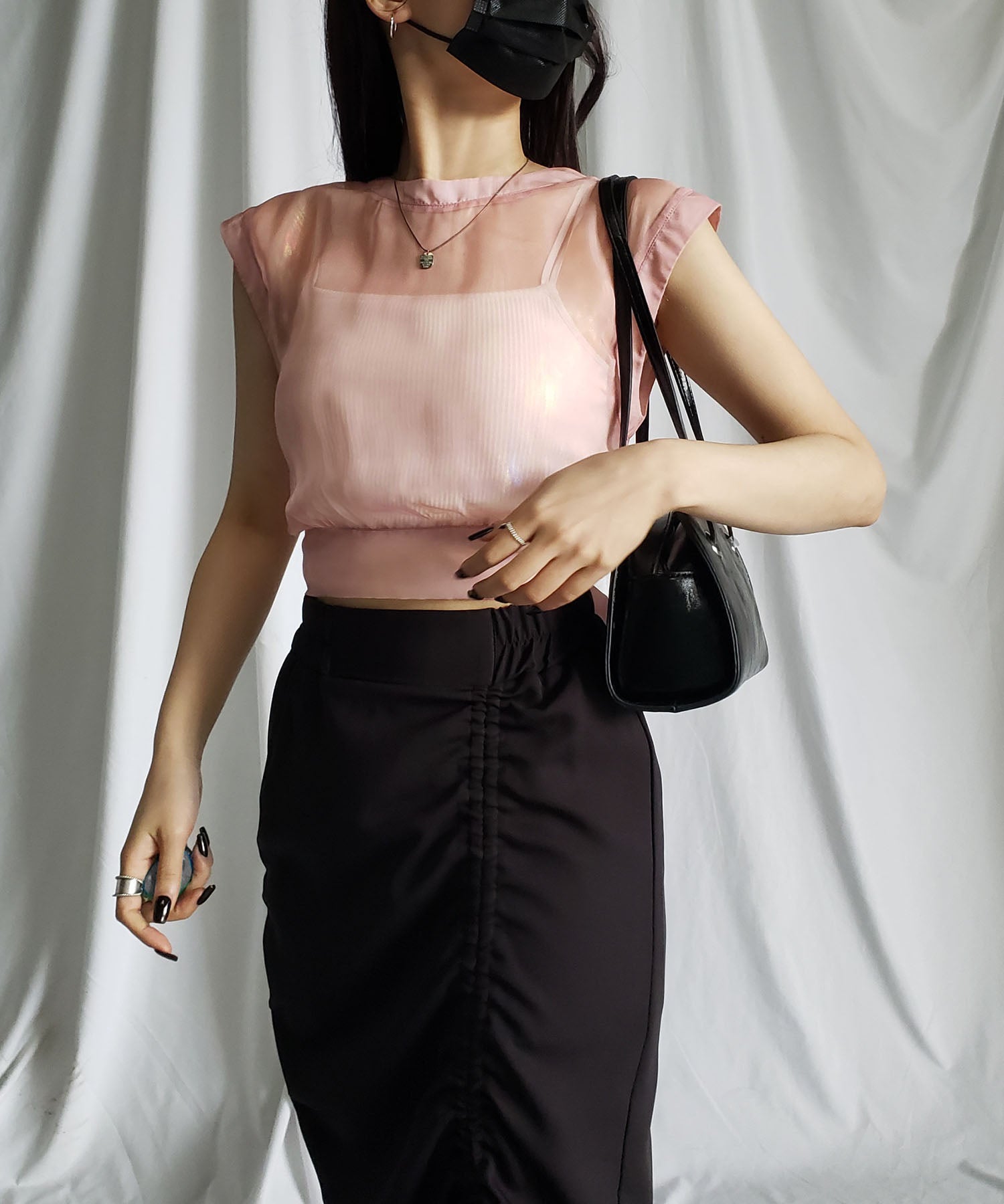 【 3color 】オーロラグロスオーガンジーバックリボンショートブラウス / Aurora gloss organdy back ribbon short Blouse