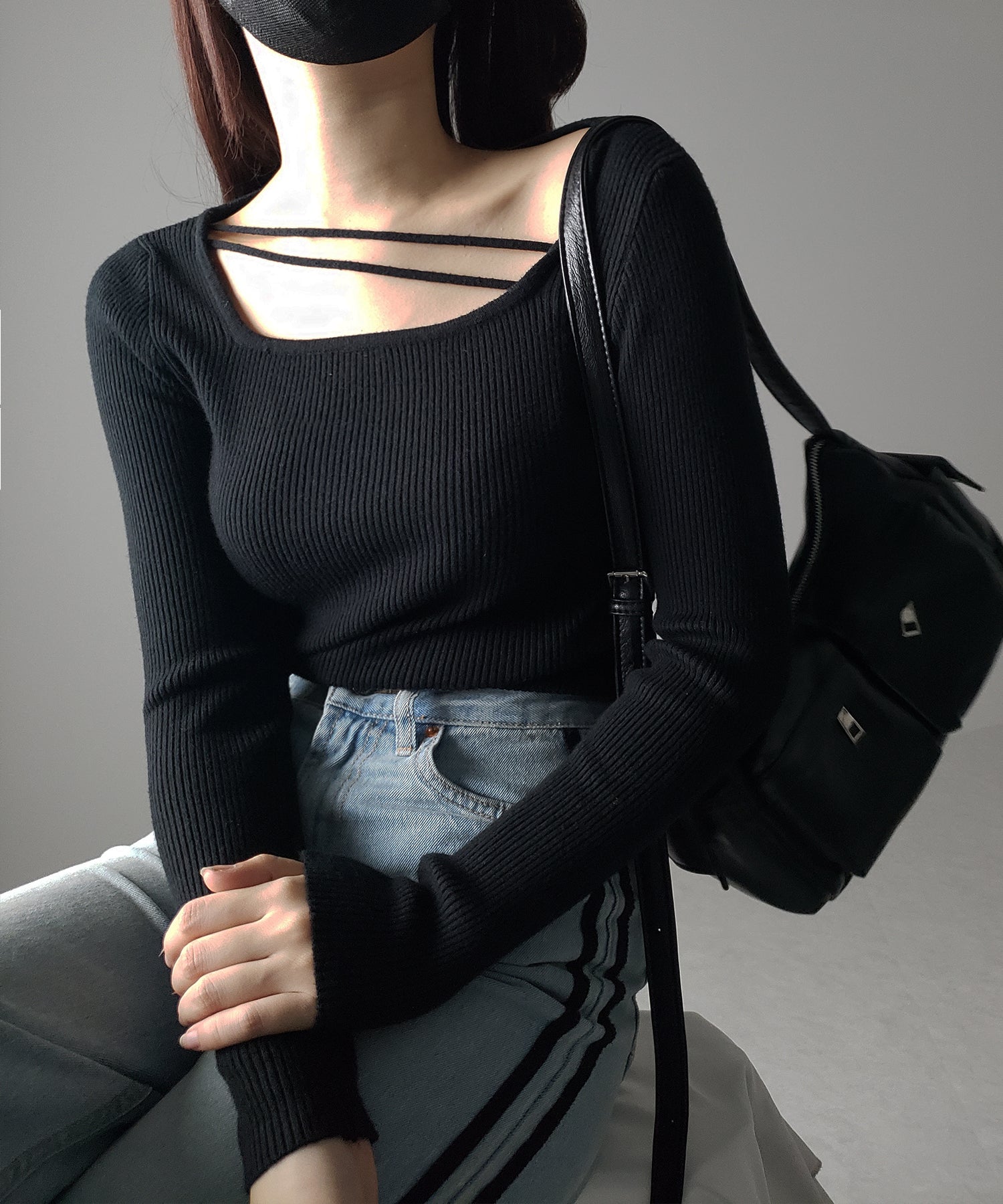 【 3color 】2ストラップスクエアネックリブニット