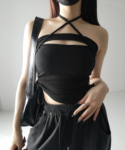 【 カップ付き / 2WAY 】クロスストラップリボンカットアウトショートキャミソール / cross strap ribbon cutout short camisole