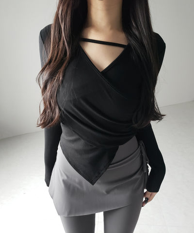 ラインストラップギャザークロスレイヤードトップス / line strap gather cross layered Tops
