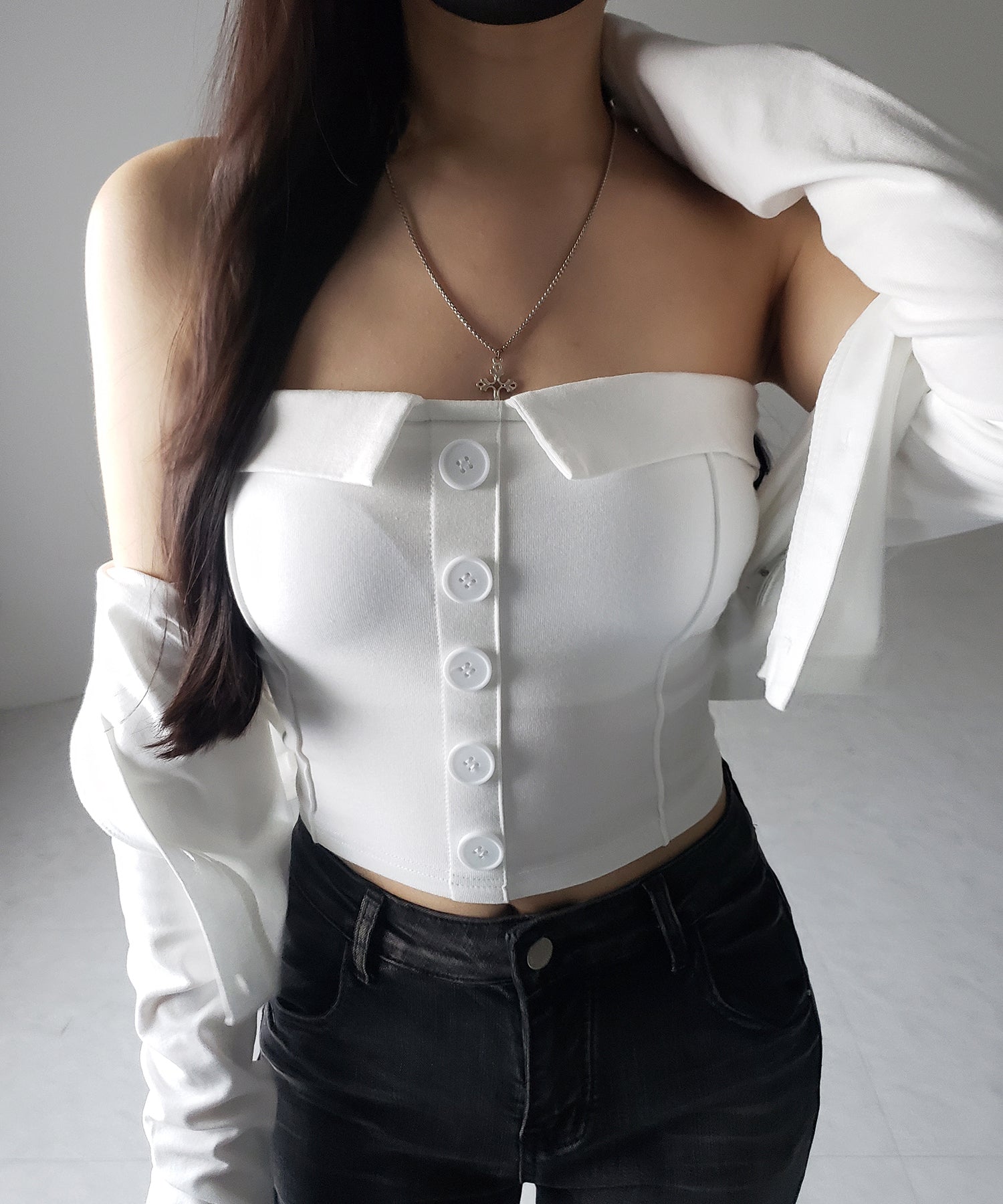 【 2点セット 】フロントボタンベアトップ + クロップドカットソーカーディガン SET / front button bare top + cropped cutsaw cardigan SET