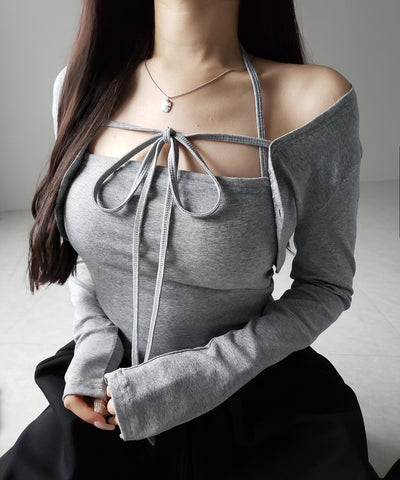 【 2点セット 】フロントリボン長袖ショートカーディガン+ ホルターキャミソール SET / front ribbon longsleeve short cardigan + halter camisole SET